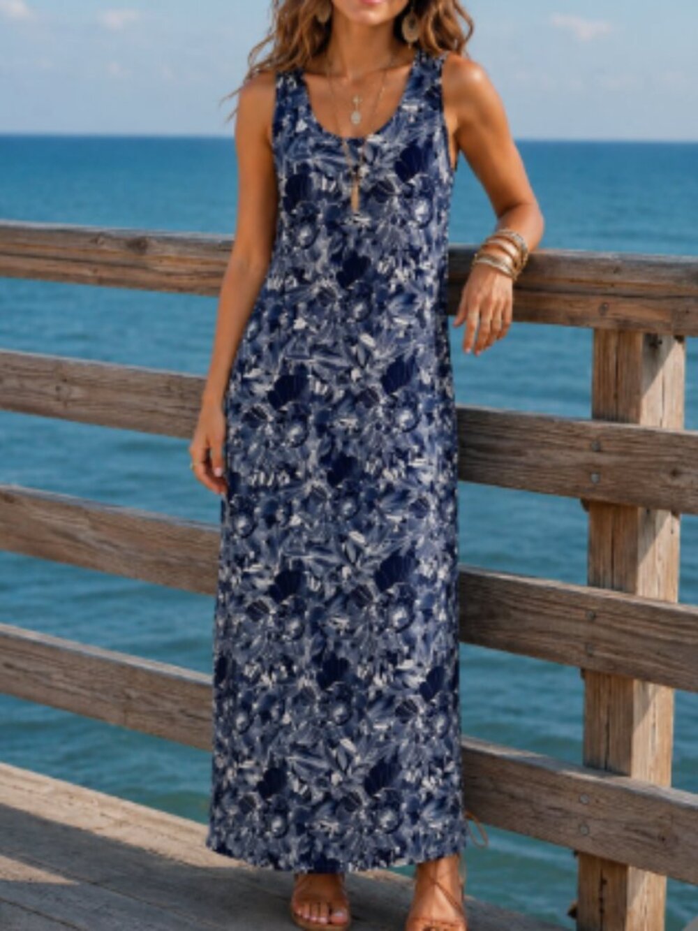 Chicos Dress Navy White Floral Knit Sleeveless Travel Vacation Summer EUC Small